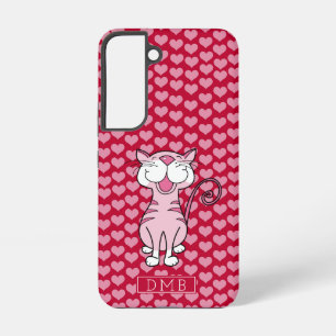 Pink Cat Red Hearts Pattern Monogram  Samsung Galaxy Case