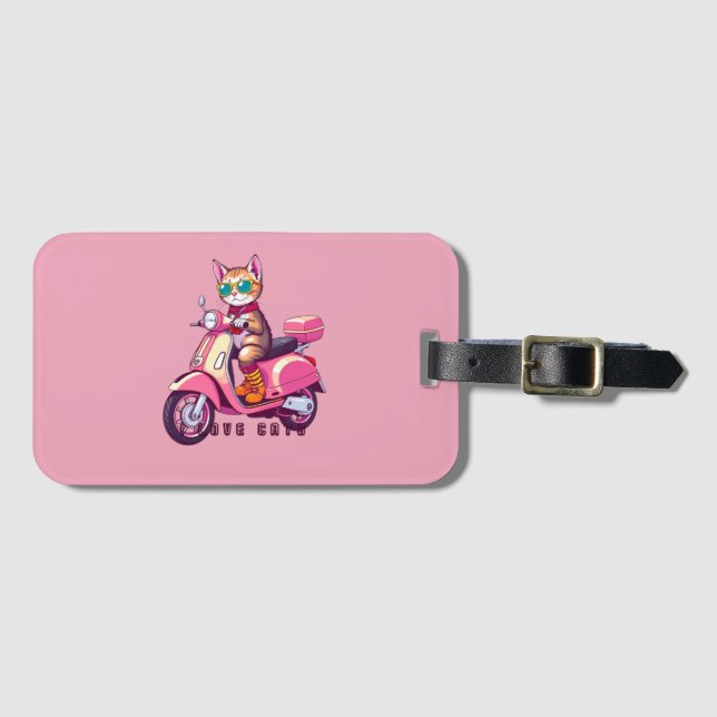 Pink cat rider luggage tag (Front Horizontal)
