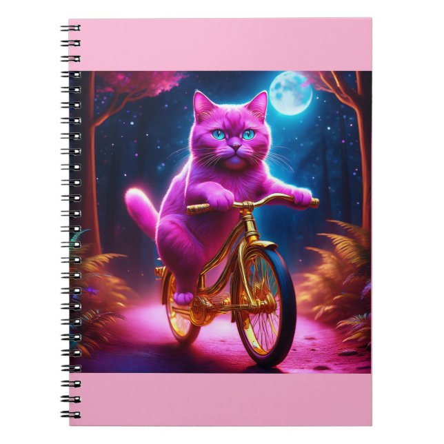 Pink Cat Riding On Golden Bicycle Notebook (Front)