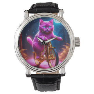 Pink Cat Riding On Golden Bicycle Watch