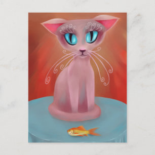 Pink Cat with a Goldfish on a Blue Table Card