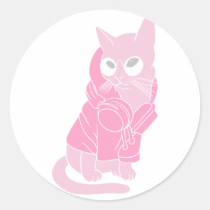 Pink cat with glasses - Choose background colour Classic Round Sticker