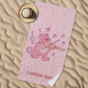 Pink Cat with Violin Beach Towel