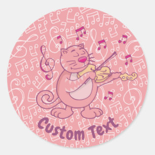 Pink Cat with Violin Classic Round Sticker