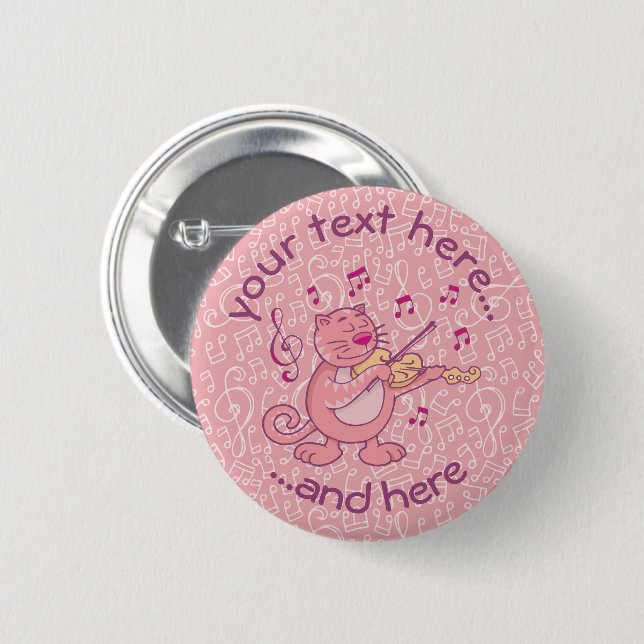 Pink Cat with Violin Pinback Button (Front & Back)