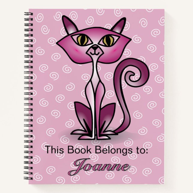 Pink Cat with White Swirl Background Notebook (Front)