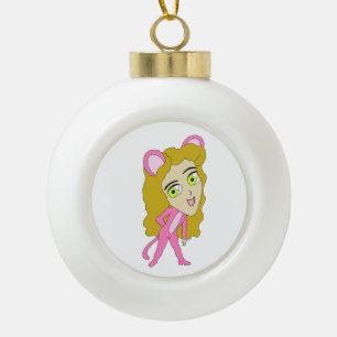 pink catgirl ceramic ball christmas ornament