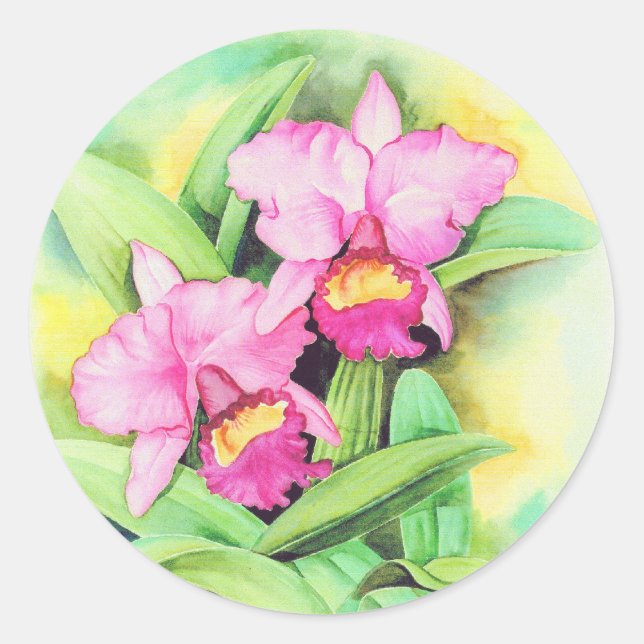 Pink Catleya Orchid Flower Art - Multi Classic Round Sticker (Front)