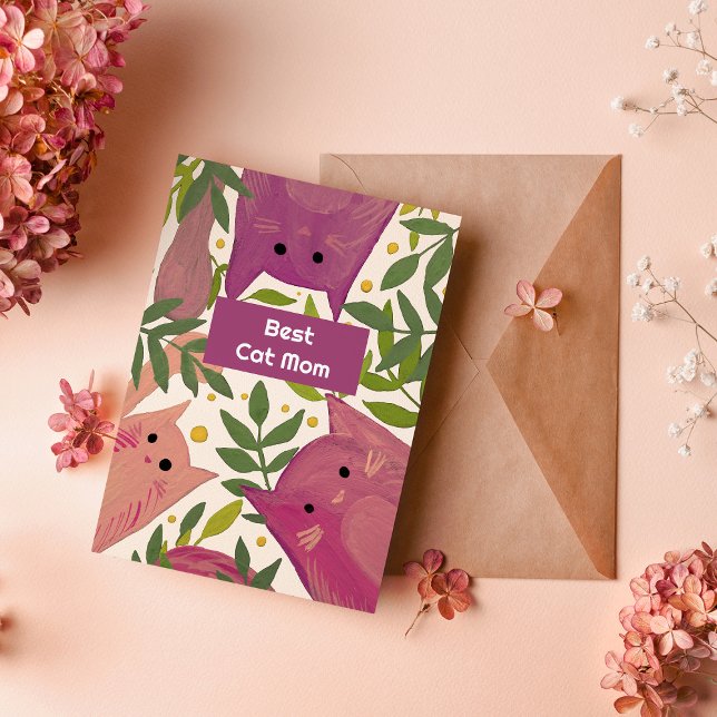 Pink Cats and branches Best cat mom Holiday Card (Creator Uploaded)