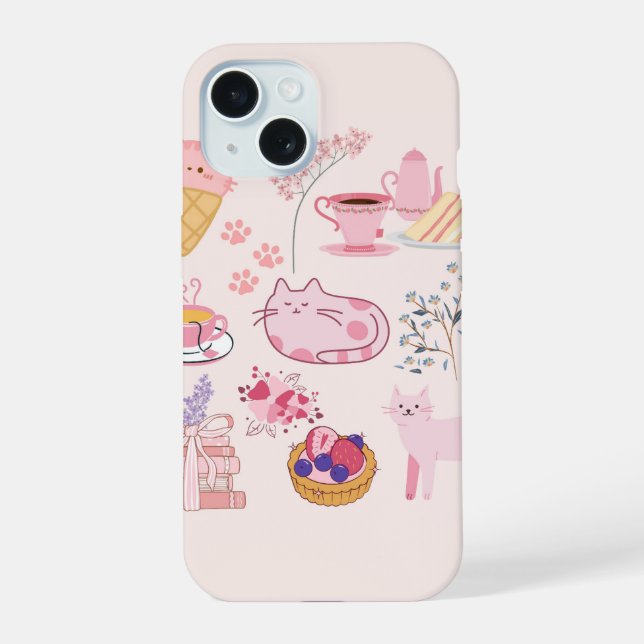 Pink Cats Coziness iPhone 15 Case (Back)
