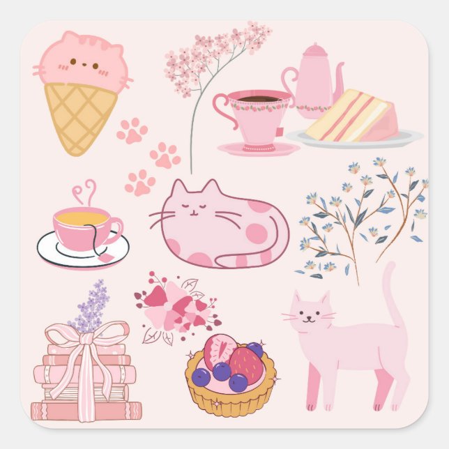 Pink Cats Coziness Square Sticker (Front)