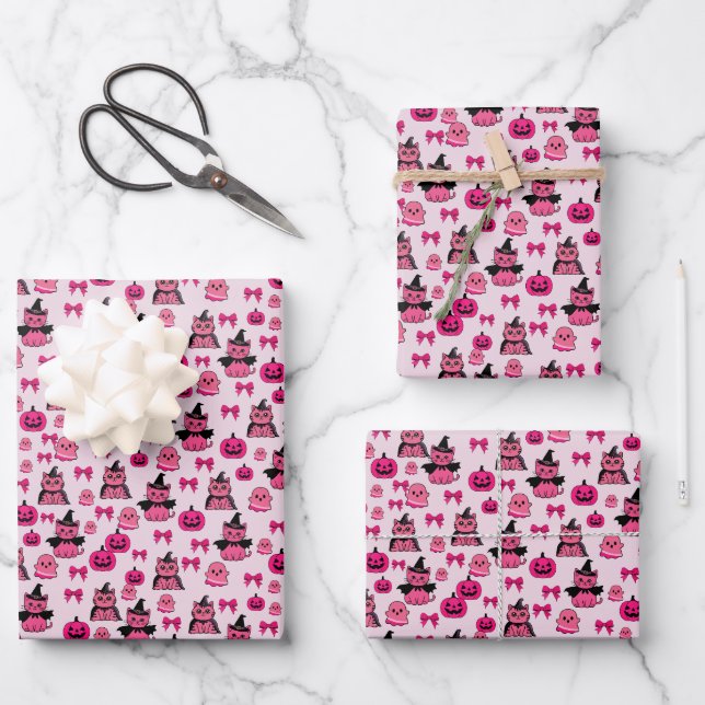 Pink Cats seamless Pattern Halloween Wrapping Paper Sheet (Front)