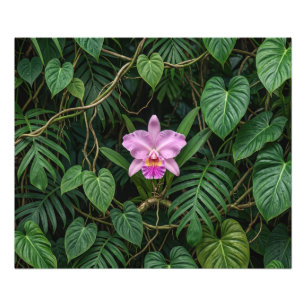 Pink Cattleya Orchid in Tropical Jungle Leaves Pat Photo Print