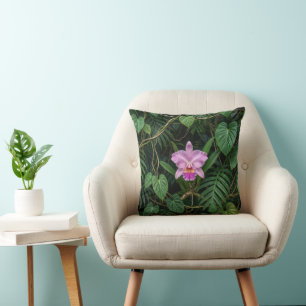 Pink Cattleya Orchid in Tropical Jungle Leaves Pat Throw Pillow