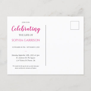 Pink Celebration of Life Photo Funeral Invite Postcard