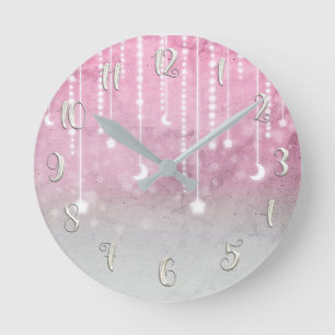 Pink Celestial Glow Stars & Moon Personalized Round Clock