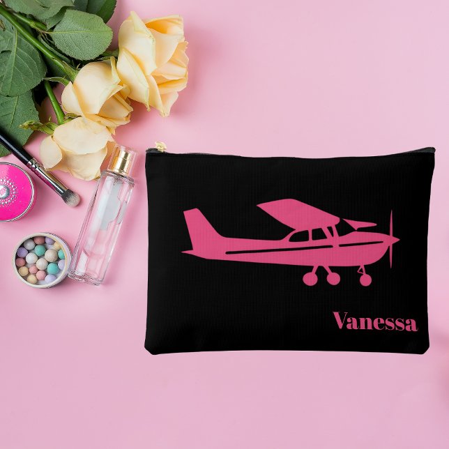 Pink Cessna Airplane Girly Aviation Custom Name Accessory Pouch (Creator Uploaded)