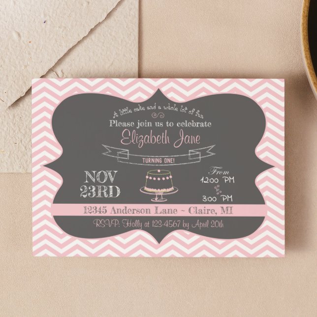 Pink Chalkboard Cake First Birthday Invite (Creator Uploaded)