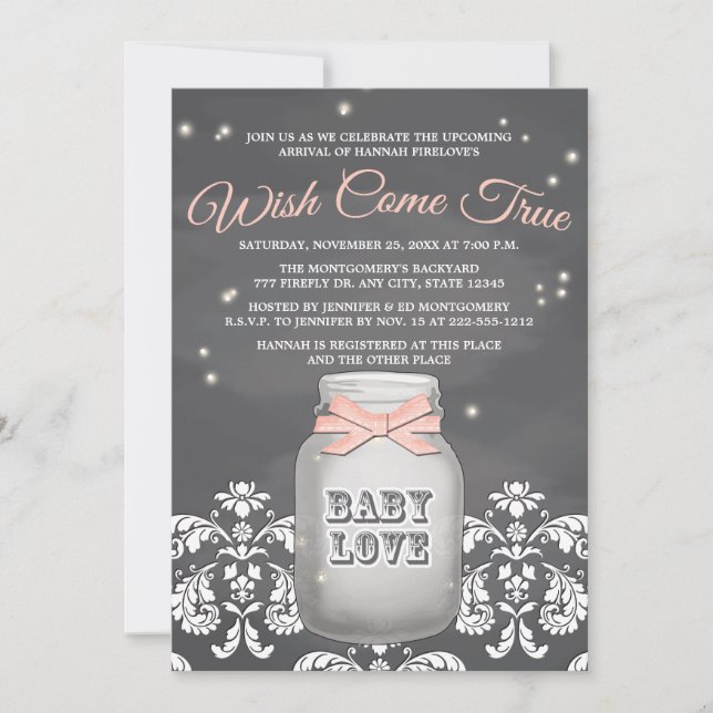 Pink Chalkboard Firefly Mason Jar Baby Shower Invitation (Front)