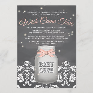 Pink Chalkboard Firefly Mason Jar Baby Shower Invitation