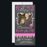 Pink Chalkboard Merry Christmas Holiday Photo Card<br><div class="desc">Merry Christmas holiday photo cards with a chalkboard look background,  lots of pink swirls and text that reads Merry Christmas,  a string of colourful tree lights in various colours,  pink hanging ornaments,  and areas you can customize these beautiful and bright holiday photo cards with your photo and names!</div>