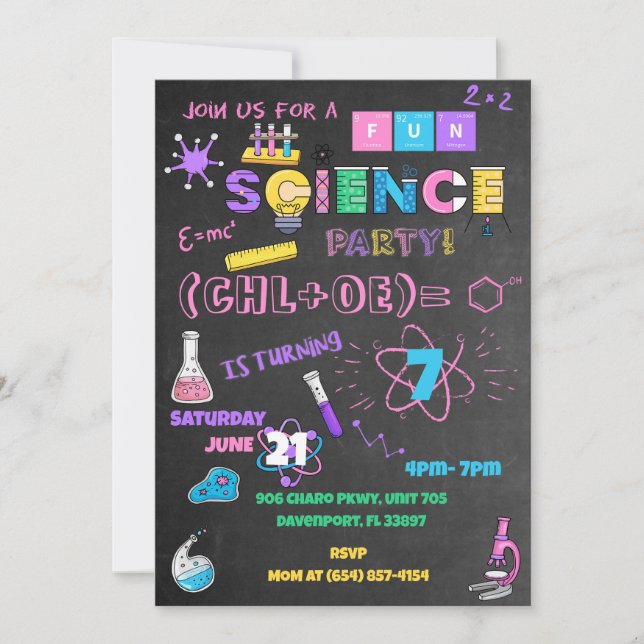 Pink Chalkboard Science Invitation (Front)