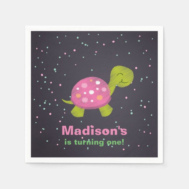 Pink Chalkboard Turtle Party Napkin (Front)
