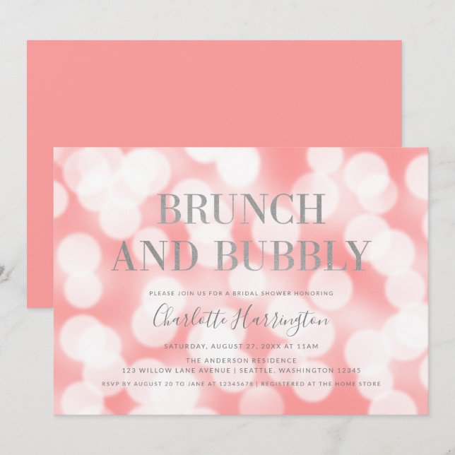Pink Champagne Bokeh Brunch & Bubbly Bridal Shower Invitation (Front/Back)