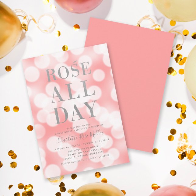 Pink Champagne Bokeh Rose All Day Bachelorette Invitation (Creator Uploaded)