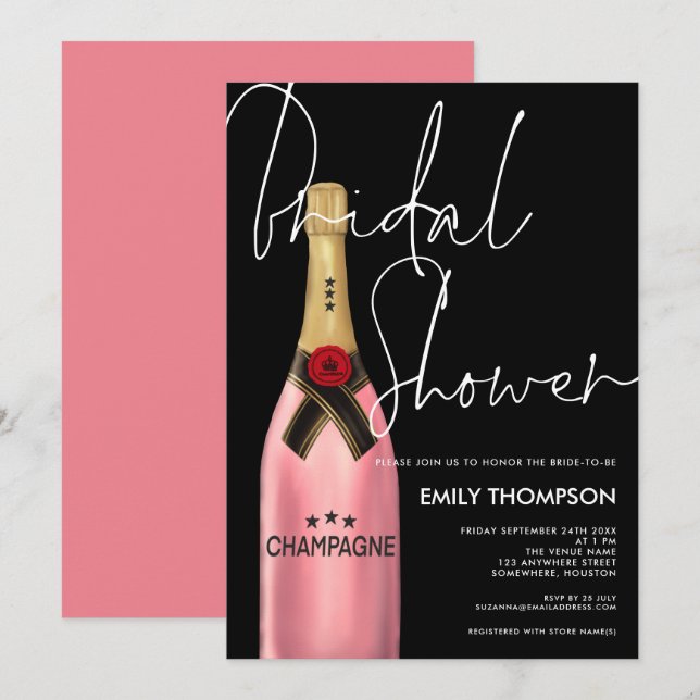 Pink Champagne Bottle Script Black Bridal Shower Invitation (Front/Back)