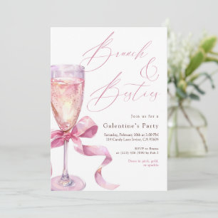 Pink Champagne Bow Brunch & Besties Galentine’s Invitation