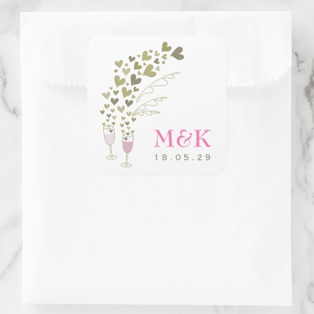 Pink Champagne Cheers Floating Gold Hearts Wedding Square Sticker (Bag)