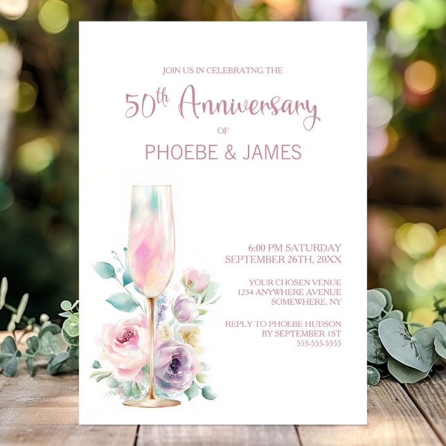 Pink Champagne Floral 50th Wedding Anniversary Invitation (Creator Uploaded)