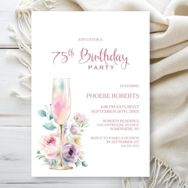 Pink Champagne Floral 75th Birthday Party Invitation (Creator Uploaded)