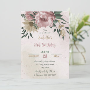 pink champagne flowers botanical birthday  invitation