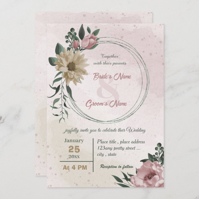 pink champagne flowers botanical wedding  invitation (Front/Back)