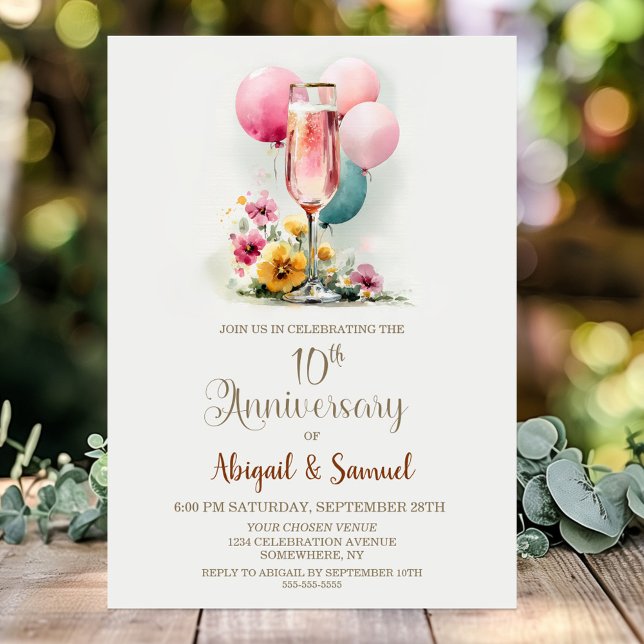 Pink Champagne Glass 10th Wedding Anniversary Invitation (Creator Uploaded)