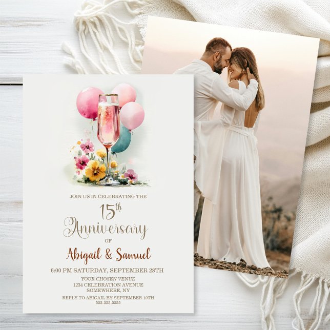 Pink Champagne Glass 15th Wedding Anniversary Invitation (Creator Uploaded)