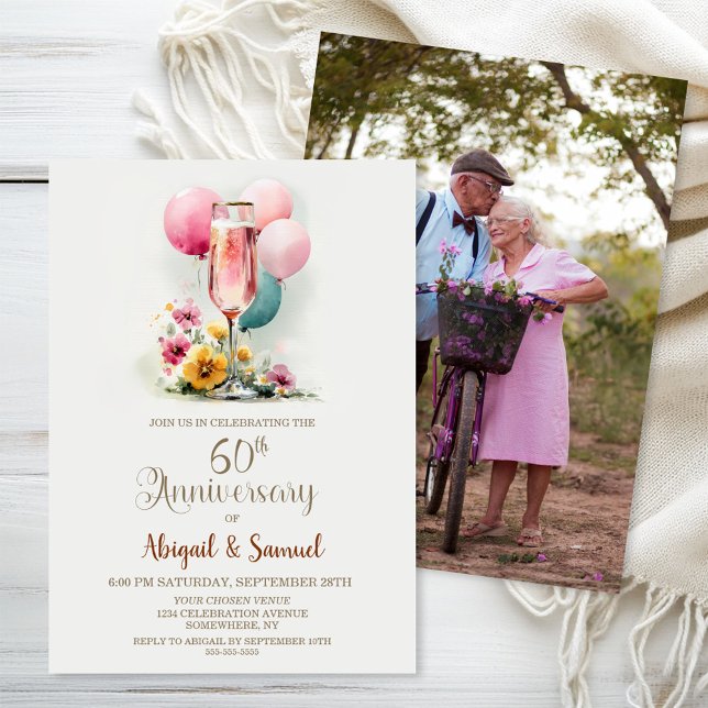 Pink Champagne Glass 60th Wedding Anniversary Invitation (Creator Uploaded)