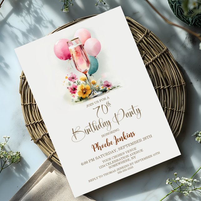 Pink Champagne Glass 70th Birthday Party Invitation (Creator Uploaded)
