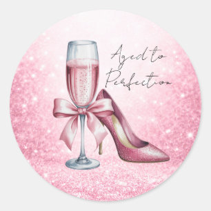 Pink Champagne Glass Aged To Perfection Birthday Classic Round Sticker