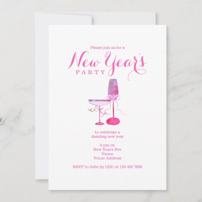 Pink Champagne Glass New Years Eve Dinner Cocktail Invitation (Front)
