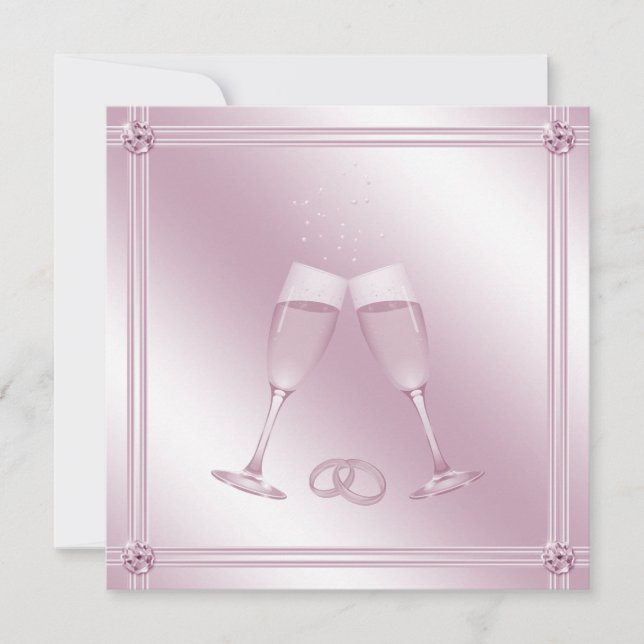 Pink Champagne Glasses & Diamonds Wedding Invites (Front)