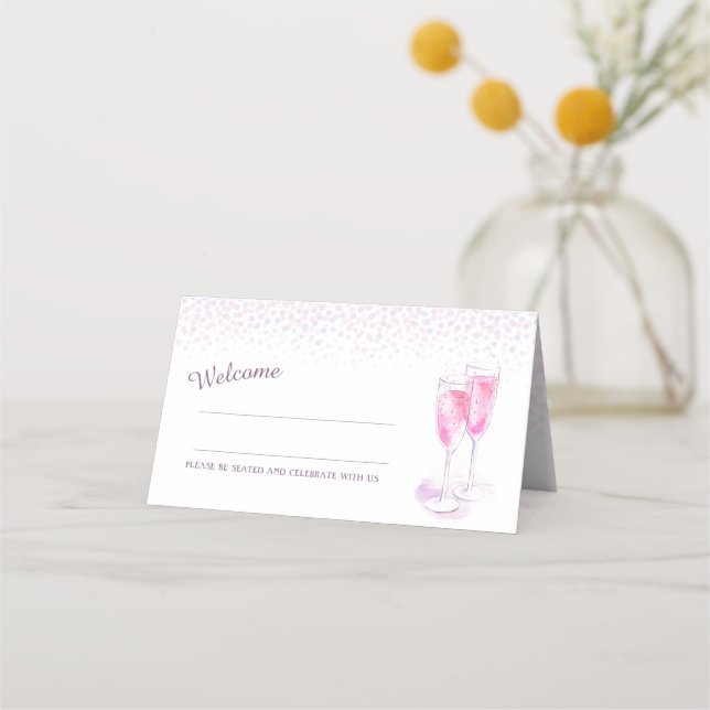 Pink champagne glasses wedding guest place cards (Front)