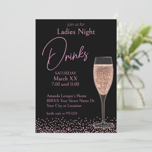 Pink Champagne on Black Ladies Night Drinks Invitation (Standing Front)