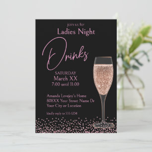 Pink Champagne on Black Ladies Night Drinks Invitation