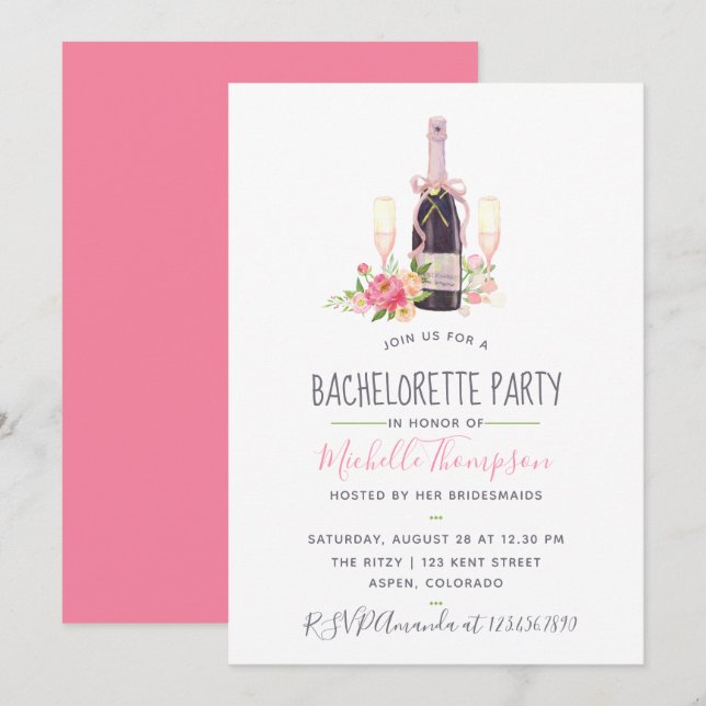 Pink Champagne Peony Watercolor Bachelorette Party Invitation (Front/Back)
