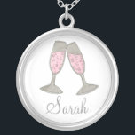 Pink Champagne Personalized Bridesmaid Wedding Silver Plated Necklace<br><div class="desc">Features an original marker illustration of two glasses of bubbly pink champagne. Perfect for engagements, weddings, bridal showers, bachelorette parties and more! Simply personalize with your bridal party information. Designer is available to create and upload custom designs to match the colours and themes of your wedding--click "Ask this Designer" to...</div>