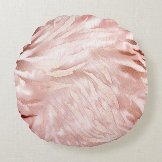 Pink Champagne Rose Glam Zebra Round Pillow (Front)