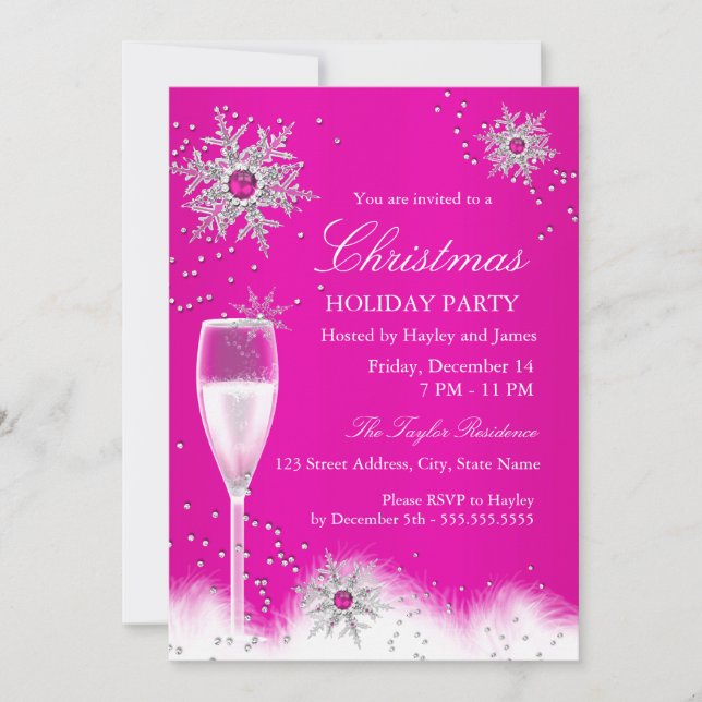 Pink Champagne Snowflake Christmas Holiday Party Invitation (Front)
